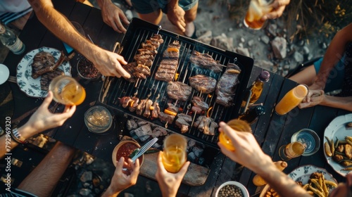 A festive barbecue gathering with friends enjoying grilled steaks and cold drinks photo