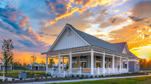 Ultra HD image of a modern community clubhouse with a white porch and gable roof during a breathtaking sunset.