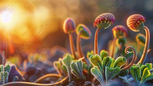  Vividly colored alien plants sprouting from a communal seed sunset light