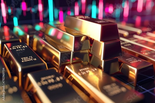 Intricate image of several gold bars stacked with a digital stock market graph in the background indicating wealth and investments