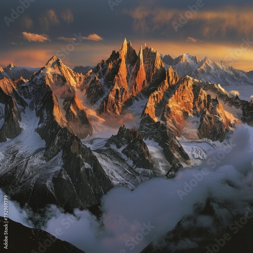 Golden sunrise over rugged mountain peaks with cloud-covered valleys