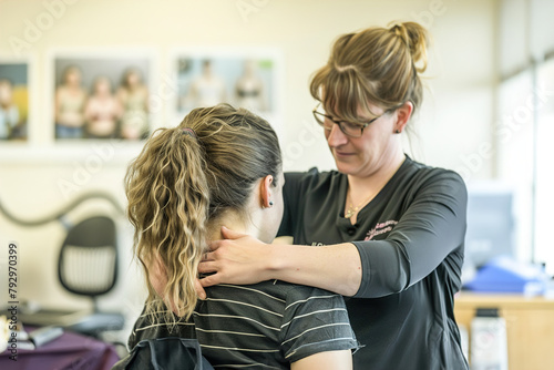 A physiotherapist administers trigger point therapy to a patient's upper back, targeting specific areas of muscle tension for pain relief.