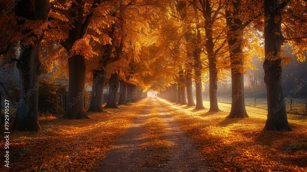 Warm sunlight filtering through a serene avenue of trees with golden autumn leaves, creating a picturesque, peaceful scene.