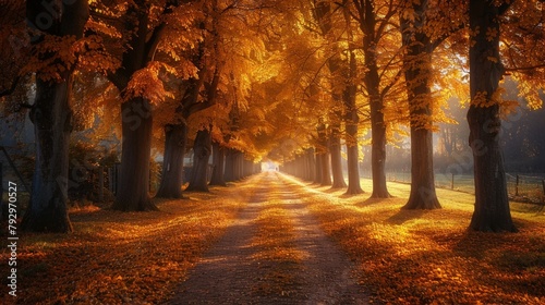 Warm sunlight filtering through a serene avenue of trees with golden autumn leaves, creating a picturesque, peaceful scene.