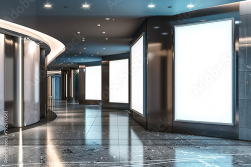 three blank white poster frames along the walkway in modern interior design for movie theater or art gallery