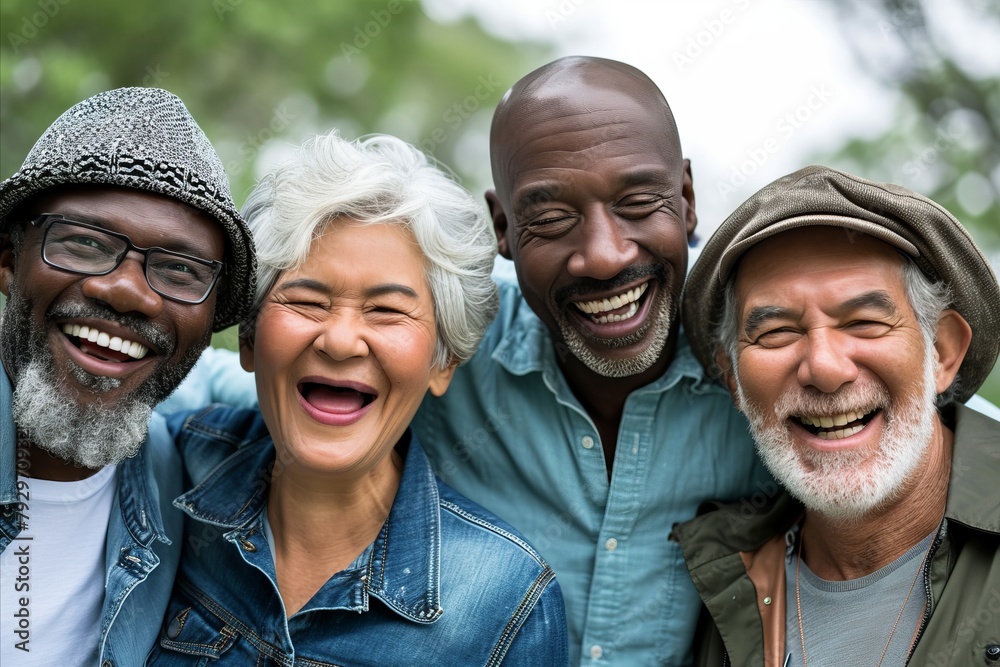 Group of diverse senior friends laughing and having fun together in the park Group of diverse senior friends laughing and having fun together in the park