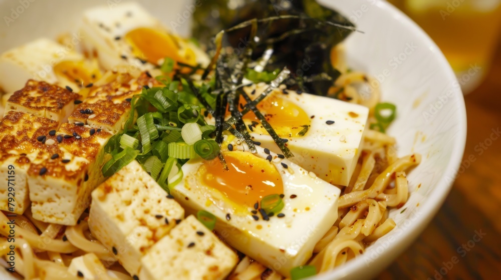Japanese Udon noodles with tofu and egg