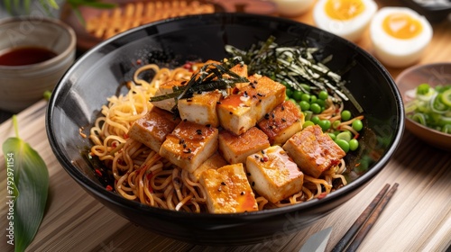 Japanese food, Soba noodles with tofu and vegetables in bowl