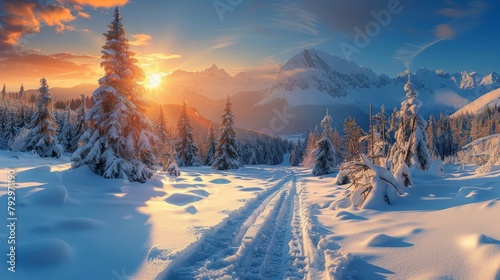 Golden sunrise piercing through a pristine snowy landscape with snow-covered trees and mountain peaks in the background. © porpia