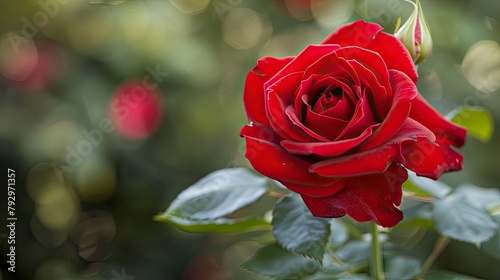 A vibrant red rose blossoming in a picturesque garden setting serving as a timeless symbol of love and respect Its elegance makes it an ideal choice for enhancing the backdrop of greeting c