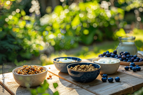 A dog's breakfast setup in a sunny, garden setting, with a natural wood table holding bowls of fresh, grain-free kibble and a side of yogurt and blueberries, 