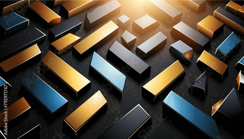 Generate a background with a dynamic geometric pattern of irregular metallic gold and black shapes