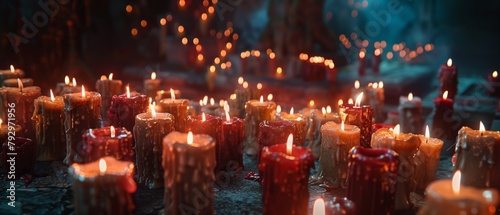 In the dark, candle flames create a spiritual atmosphere photo