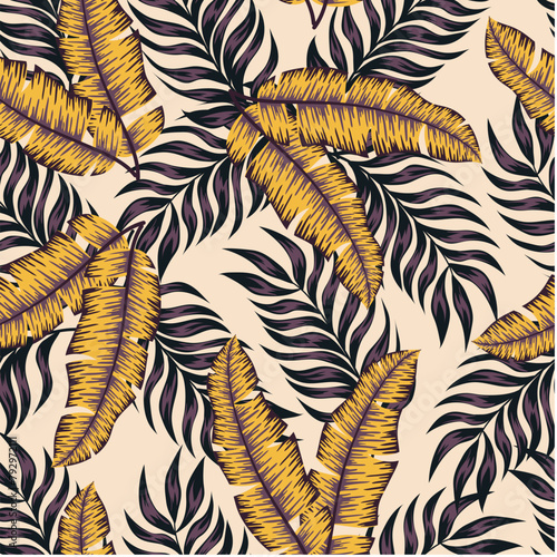 Abstract seamless tropical pattern with bright plants and leaves on a beige background. Colorful stylish floral. Summer colorful hawaiian seamless pattern with tropical plants.