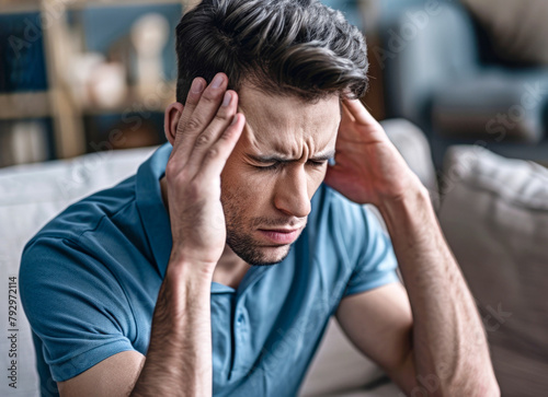 Close-up of a young man with a headache at home, touching his temples, copy space available, and a blurred background. Concept of migraine, headache, stress, tension, and hangover