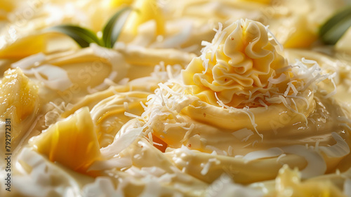 Close-up of creamy fettuccine alfredo pasta with cheese.