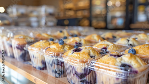 Rows of packaged blueberry muffins in a store.