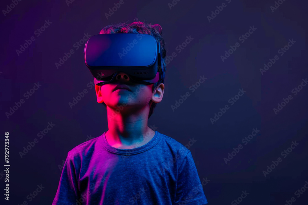 Kid in Virtual Reality Gear, Dark Purple and Minimal Background
Kid in Virtual Reality Gear, Dark Purple and Minimal Background