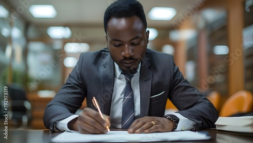 An African man in a suit signing a contract document in an office setting. Concept Business Ethics, Corporate Professionalism, Contract Signing, Office Environment, African Executive photo