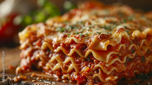 A close-up of a layered lasagna dish