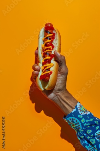 A hand holding a hot dog with ketchup against an orange background
