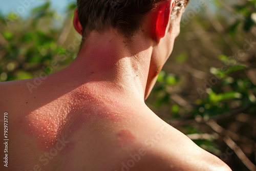 Overlay of a man's back with raised, red welts, demonstrating an allergic reaction to insect stings or bites causing localized swelling. photo