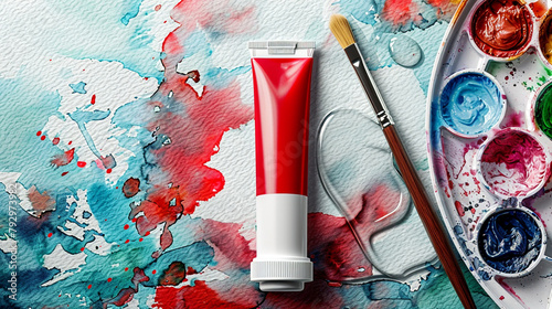 A blank watercolor paint tube mockup with a vibrant red color, displayed on a painter's palette with a brush dipped in water.