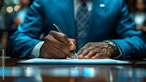 A male politician signing a document at a political summit conference. Concept Political Summit, Document Signing, Male Politician, Official Protocol, Leadership