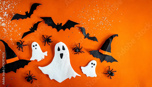 Happy halloween holiday concept. Halloween decorations, bats, ghosts on orange background