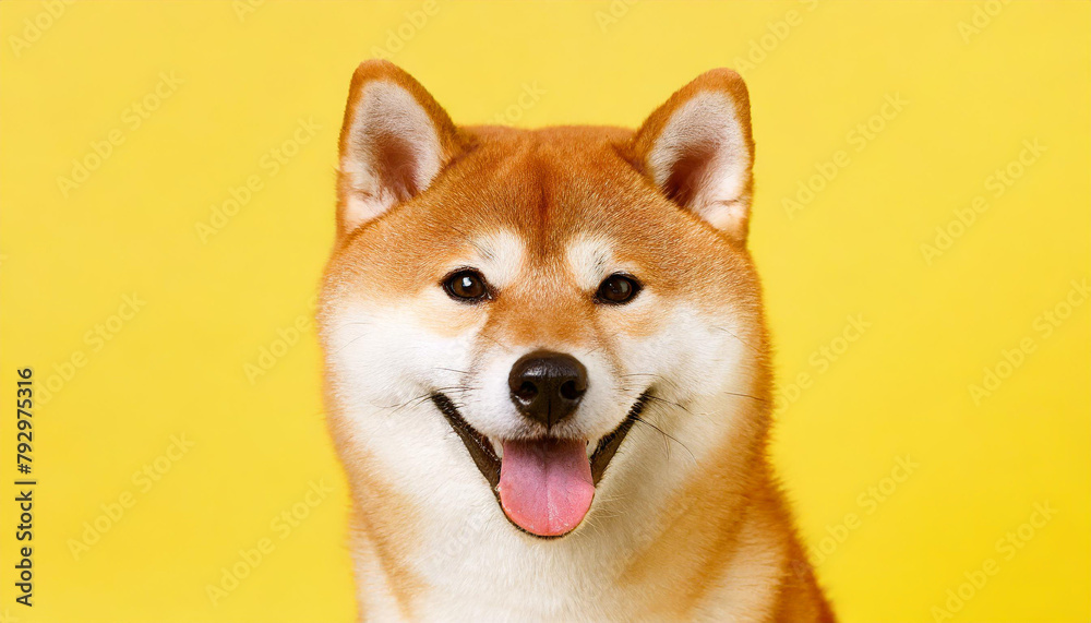 Happy smiling shiba inu dog isolated on yellow orange background with copy space. Red-haired Japanese dog smile portrait