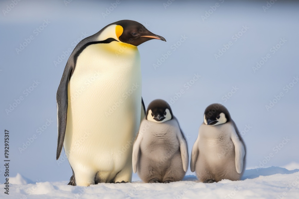Obraz premium Emperor Penguins standing together on the snowy Antarctic landscape. Parent and baby penguins.