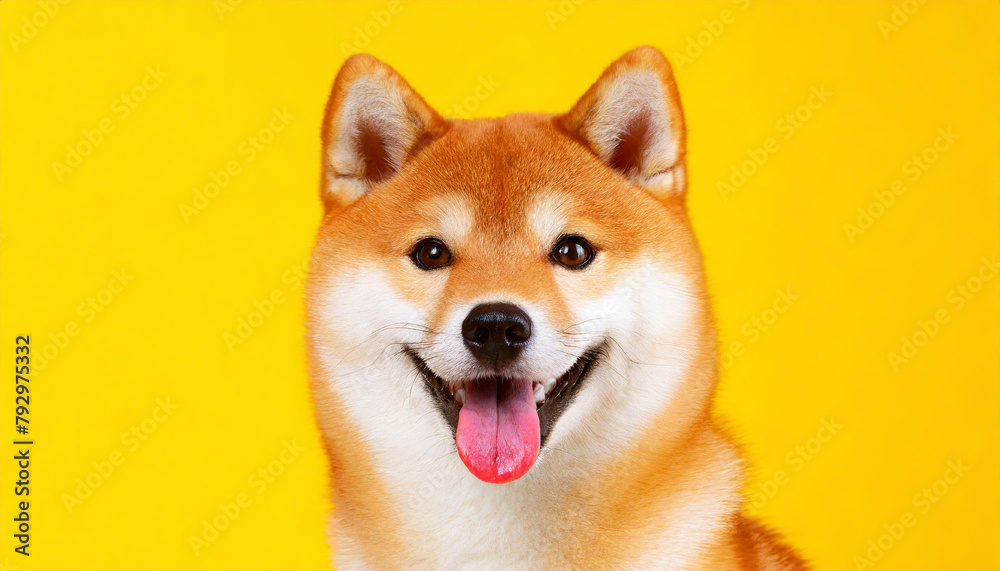 Happy smiling shiba inu dog isolated on yellow orange background with copy space. Red-haired Japanese dog smile portrait