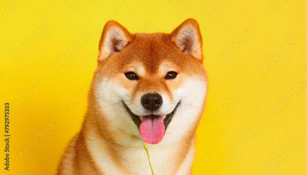 Happy smiling shiba inu dog isolated on yellow orange background with copy space. Red-haired Japanese dog smile portrait