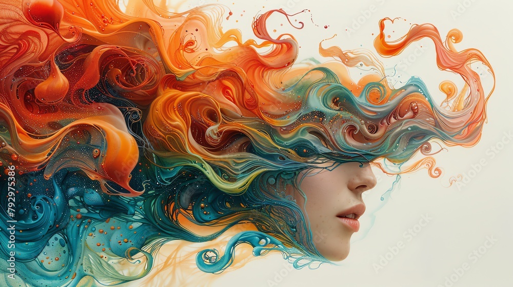Colorful portrait of a woman with flowing hair made of liquid.
