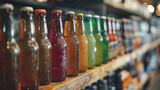 Row of colorful soda bottles on shelf.