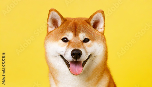 Happy smiling shiba inu dog isolated on yellow orange background with copy space. Red-haired Japanese dog smile portrait © netsay