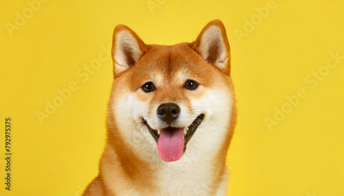 Happy smiling shiba inu dog isolated on yellow orange background with copy space. Red-haired Japanese dog smile portrait © netsay