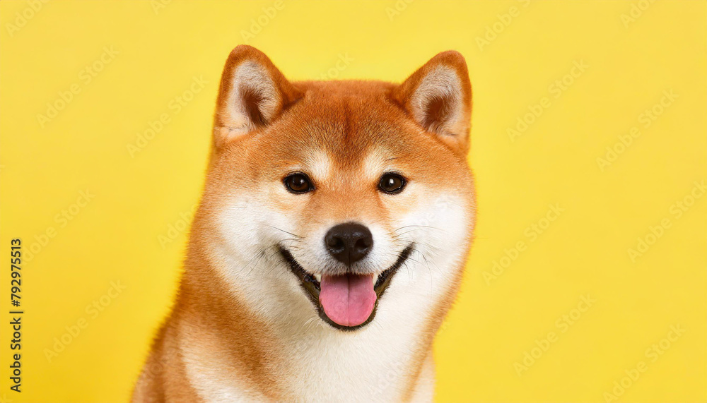 Happy smiling shiba inu dog isolated on yellow orange background with copy space. Red-haired Japanese dog smile portrait