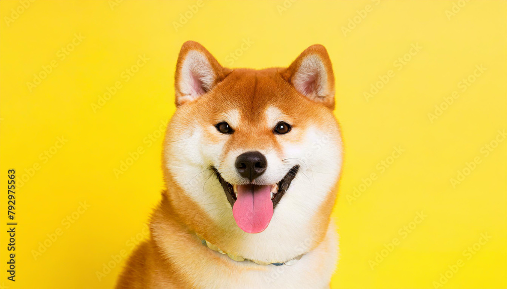 Happy smiling shiba inu dog isolated on yellow orange background with copy space. Red-haired Japanese dog smile portrait Happy smiling shiba inu dog isolated on yellow orange background with copy space. Red-haired Japanese dog smile portrait