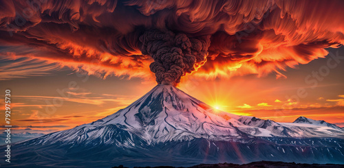 spectaculaire volcan enneigé en éruption au soleil couchant