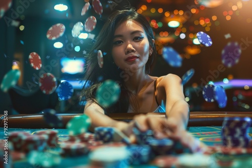 young asian woman sitting at casino table with many poker chips flying around, female gambling and winning, looking confident and attractive, gamble establishment concept
