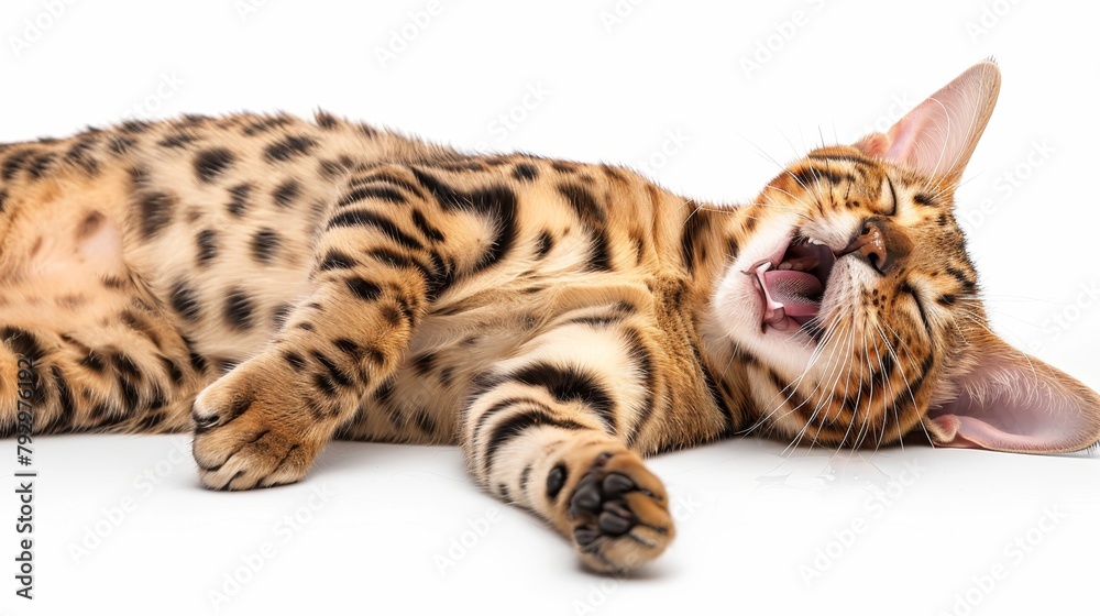 Obraz premium Bengal cat on white background close up, pet care concept, banner, copy space