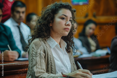 Latin american lawyer sitting at a table during a court appearance
