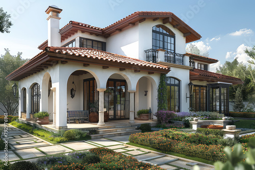 A twostory villa with Spanish style roof tiles, white walls and black windows, arched doorways, spacious front yard. Created with Ai © Madiha