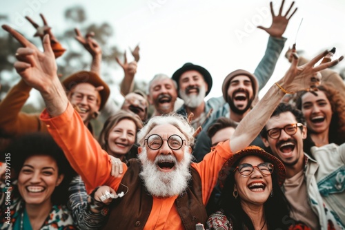 Group of happy people dancing and having fun at a music festival.