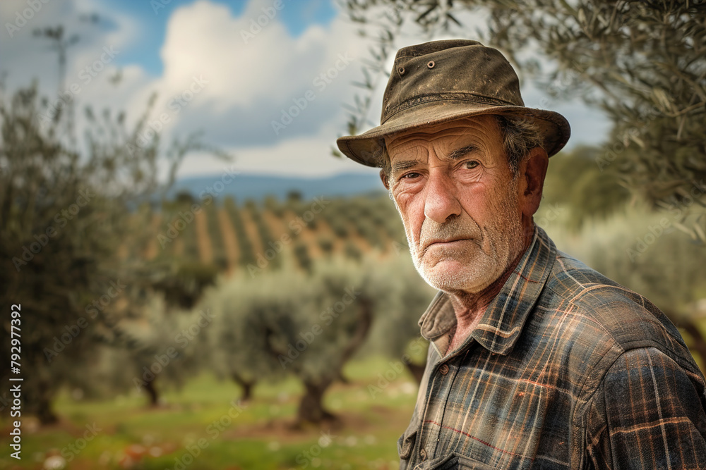 Against a backdrop of rolling hills, a weathered farmer showcases his organic olive plantation with many olive trees.