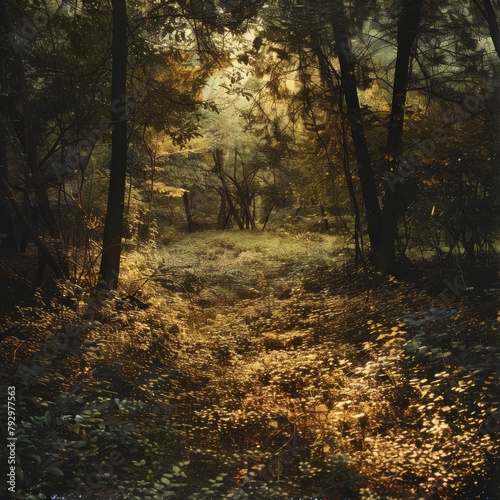 Golden light casting enchanting shadows in a tranquil forest glen © Yusif