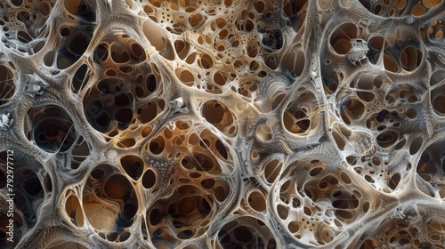 A microscopic view of a dense fungal mycelial network with varying thickness and textures of its fibrils creating a rich and intricate photo