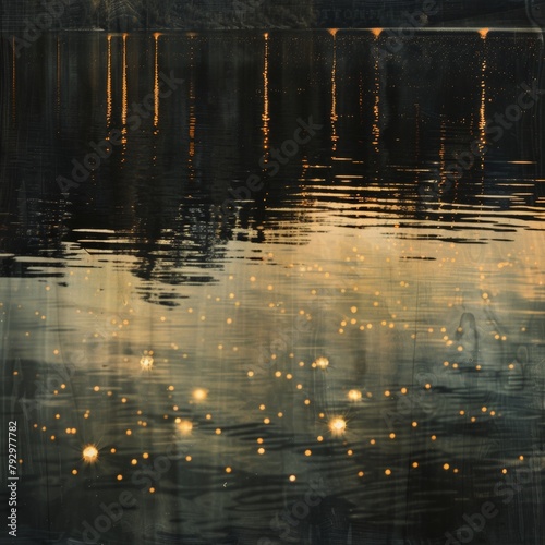Golden light sparkles on tranquil waters: a serene and peaceful lakeside scene