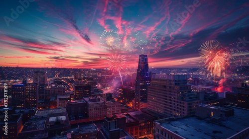 A rooftop view of a cityscape aglow with fireworks during a special event